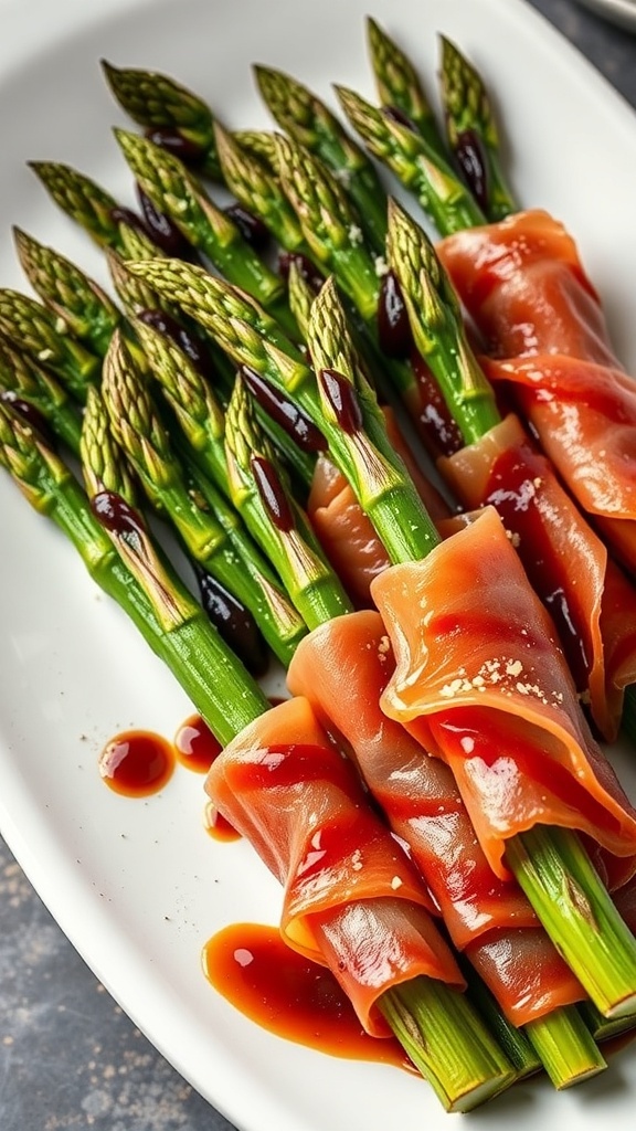 Prosciutto-wrapped asparagus on a white platter with a drizzle of sauce