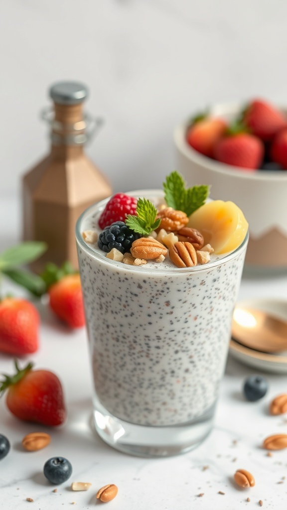 A glass of chia pudding topped with berries, nuts, and mint, with a bowl of strawberries in the background.