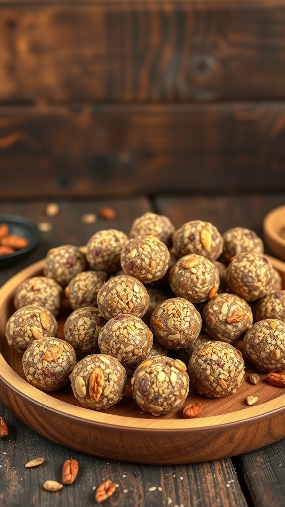 A wooden bowl filled with protein-packed energy bites, showcasing their round shape and textured surface.