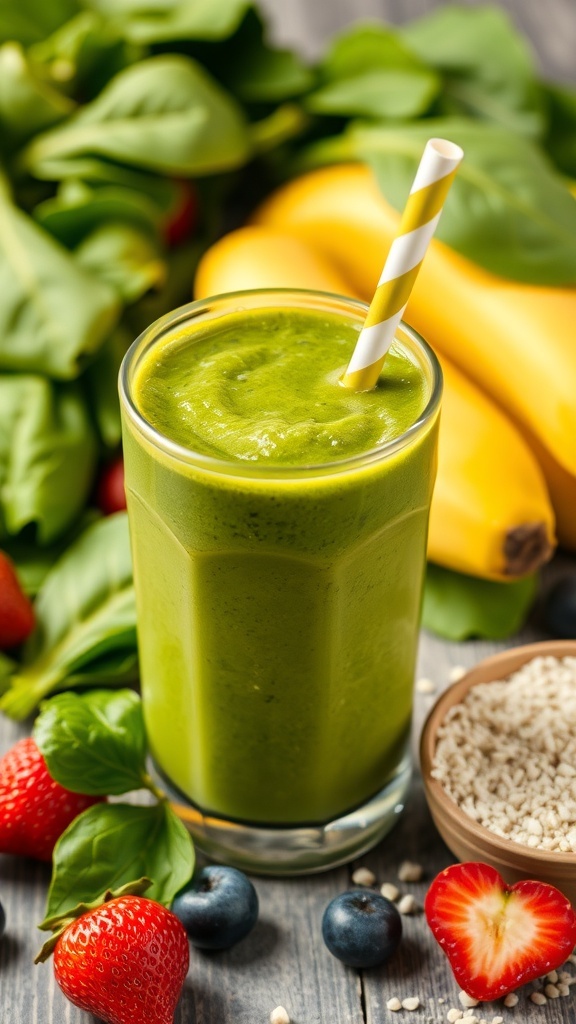 A protein-packed green smoothie in a glass with a yellow and white striped straw, surrounded by fresh fruits and oats.