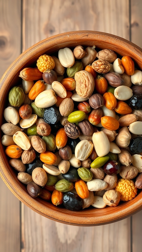 A wooden bowl filled with a colorful assortment of nuts, seeds, and dried fruits.
