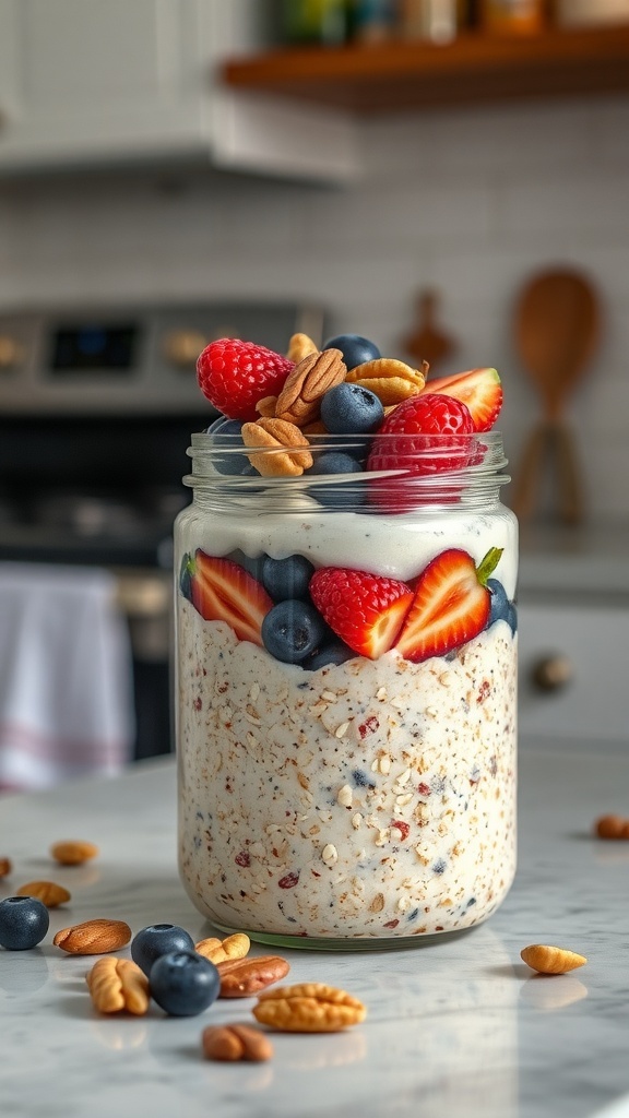 A jar of protein-rich overnight oats topped with fresh berries and nuts, placed on a kitchen counter.