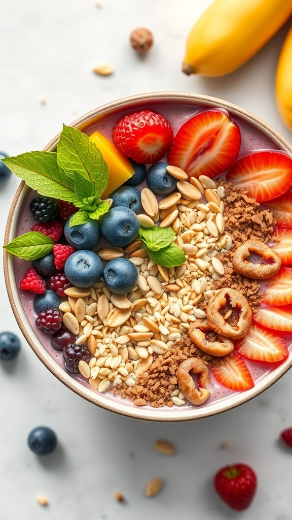 A colorful protein-rich smoothie bowl topped with fruits, oats, and mint leaves.