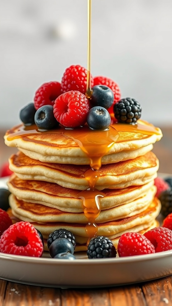 A stack of protein pancakes topped with fresh berries and syrup