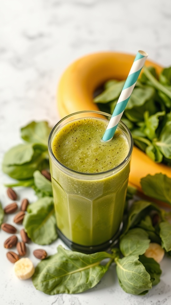 A green protein smoothie in a glass with a straw, surrounded by spinach leaves and coffee beans.