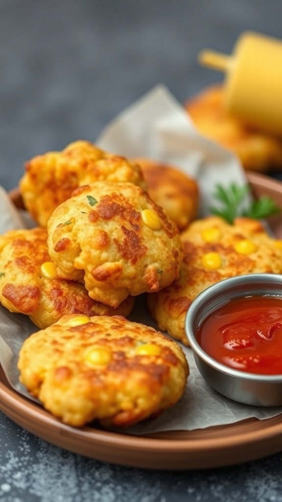 A plate of Puerto Rican corn fritters with a side of ketchup.