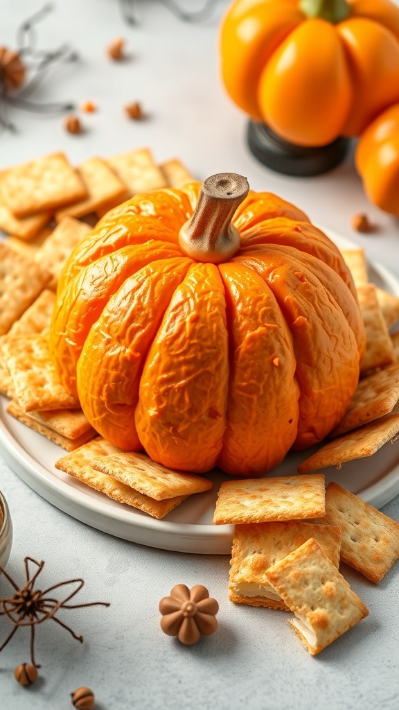 A pumpkin-shaped cheese ball surrounded by crackers, with decorative elements for Halloween.