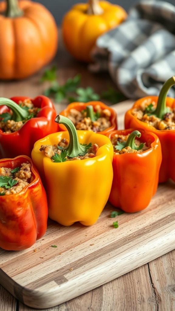 Colorful stuffed bell peppers filled with pumpkin mixture on a wooden cutting board