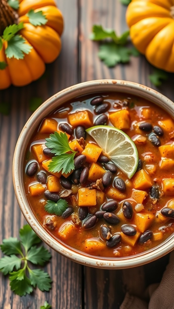 A bowl of pumpkin and black bean chili with cilantro and lime, surrounded by pumpkins.