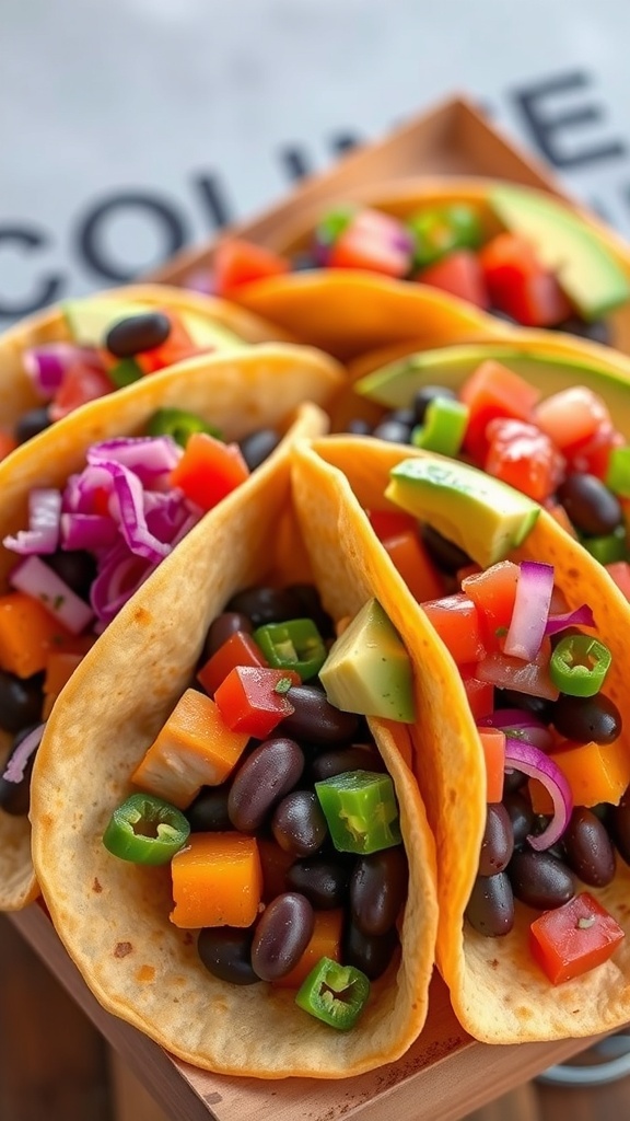 Colorful pumpkin and black bean tacos with fresh toppings