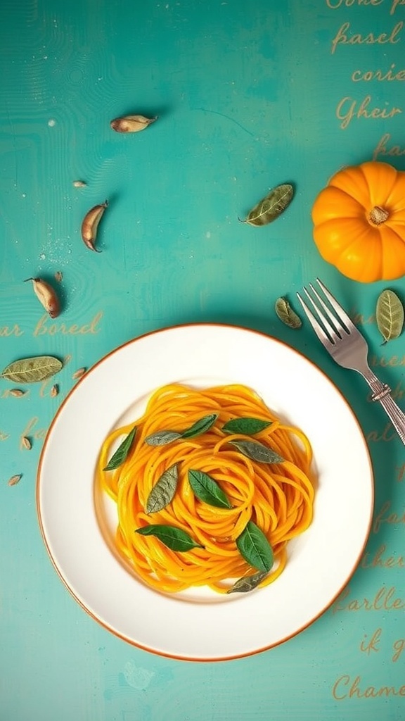 A plate of pumpkin and sage pasta garnished with fresh sage leaves, with a small pumpkin and some spices in the background.