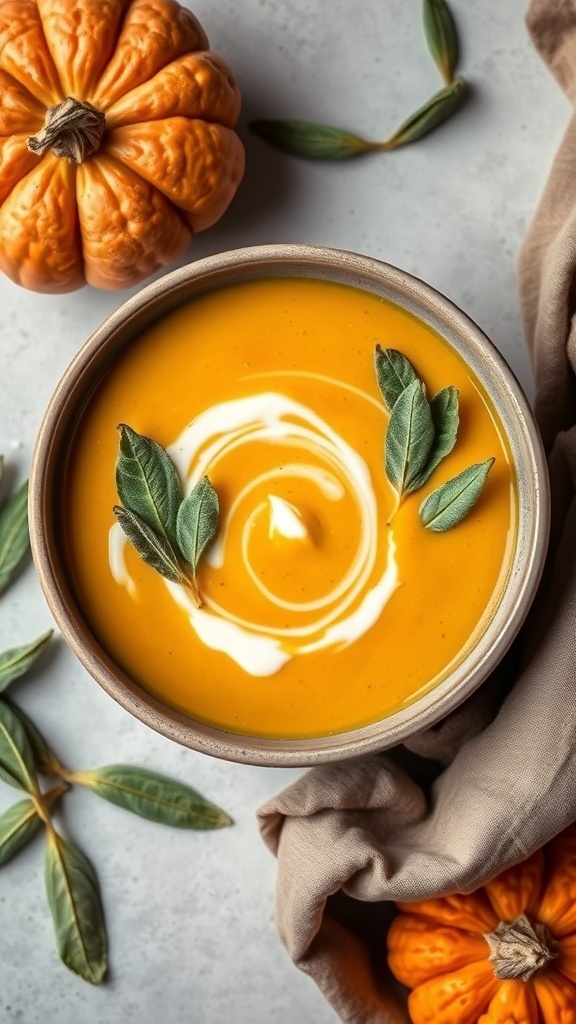 A bowl of creamy pumpkin and sage soup garnished with fresh sage leaves, surrounded by pumpkins and a cloth.
