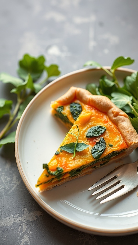 A slice of pumpkin and spinach quiche on a plate, garnished with fresh spinach leaves.