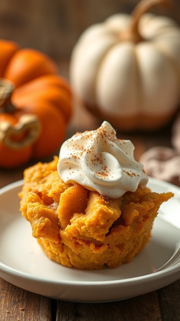 A delicious serving of pumpkin bread pudding topped with whipped cream and cinnamon, with pumpkins in the background.