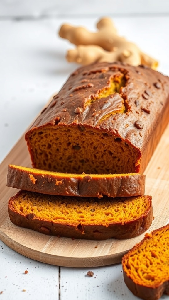 A loaf of pumpkin bread with slices cut, showcasing its moist texture and a piece of fresh ginger in the background.
