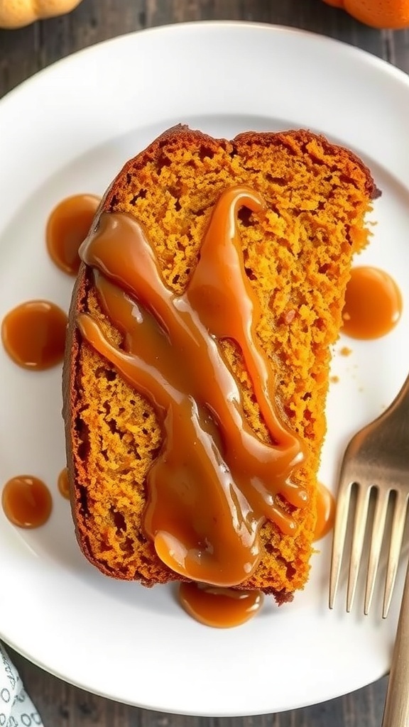 A slice of pumpkin bread topped with caramel drizzle on a white plate.