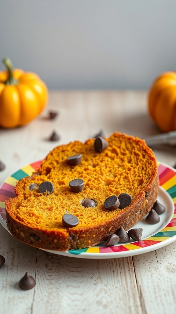 A slice of pumpkin bread with chocolate chips on a colorful plate, surrounded by chocolate chips and small pumpkins.