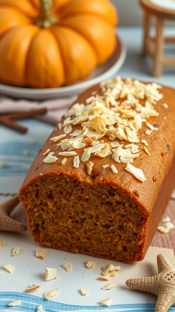 A loaf of pumpkin bread topped with coconut flakes, with a pumpkin in the background.