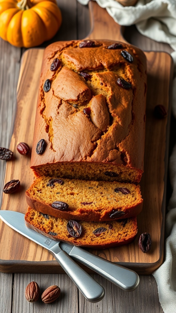 A loaf of pumpkin bread with dried fruits, sliced and placed on a wooden board, with a small knife beside it.