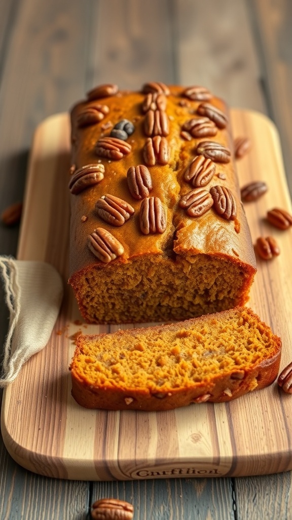 A loaf of pumpkin bread topped with pecans, sliced to show its moist interior.
