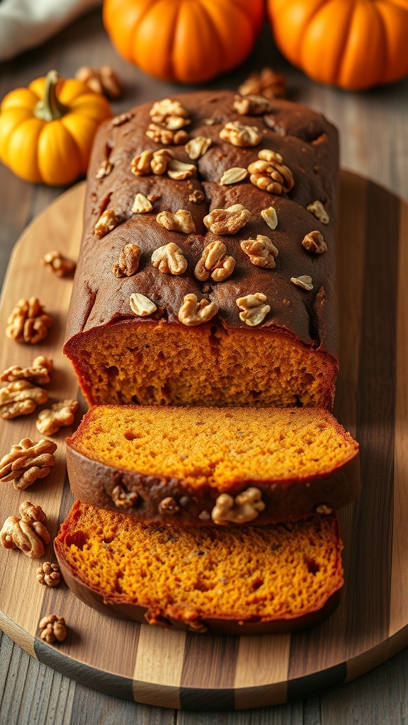 A loaf of pumpkin bread topped with walnuts, sliced to show its moist interior, with small pumpkins in the background.