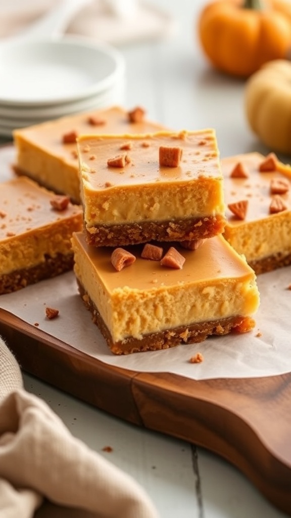 Pumpkin cheesecake bars on a wooden platter with mini pumpkins in the background