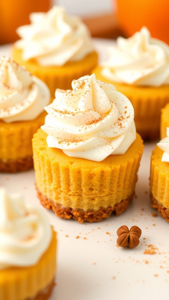 Delicious pumpkin cheesecake bites topped with whipped cream and cinnamon