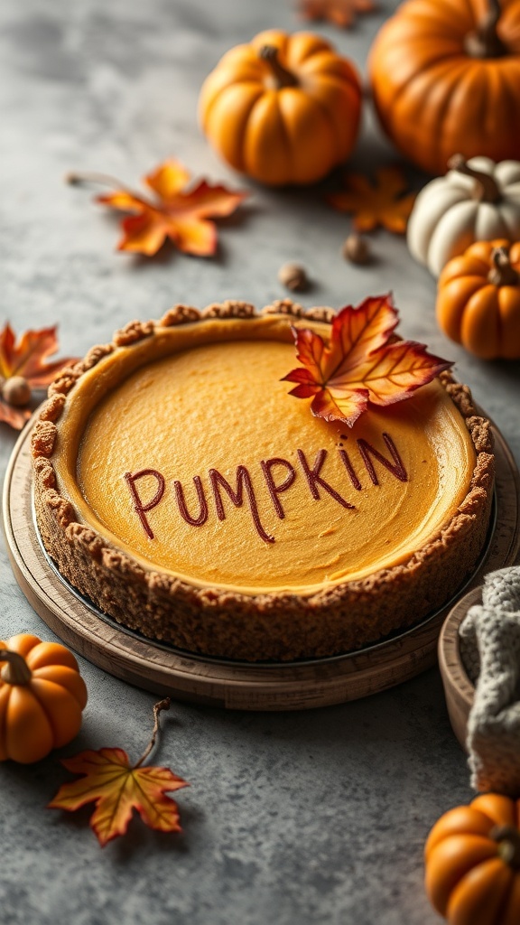 A pumpkin cheesecake pie with a graham cracker crust, decorated with autumn leaves and small pumpkins.