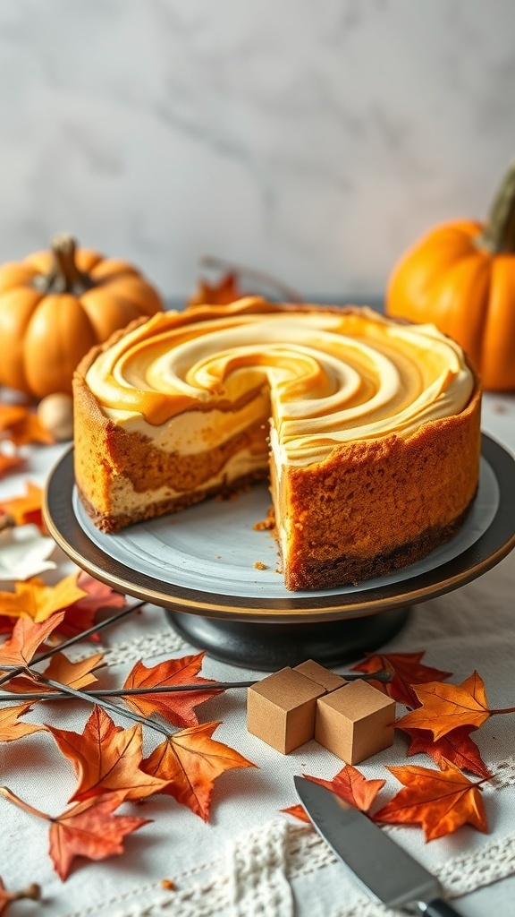 A Pumpkin Cheesecake Swirl Cake surrounded by autumn leaves and small pumpkins.