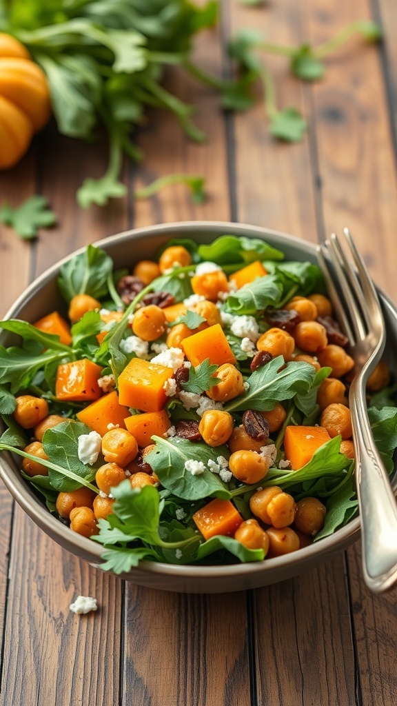 A bowl of Pumpkin Chickpea Salad with arugula, diced pumpkin, chickpeas, pecans, and feta cheese.