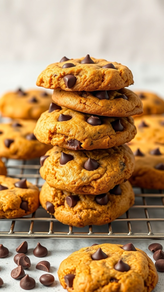 A stack of pumpkin chocolate chip cookies on a cooling rack, with chocolate chips scattered around.