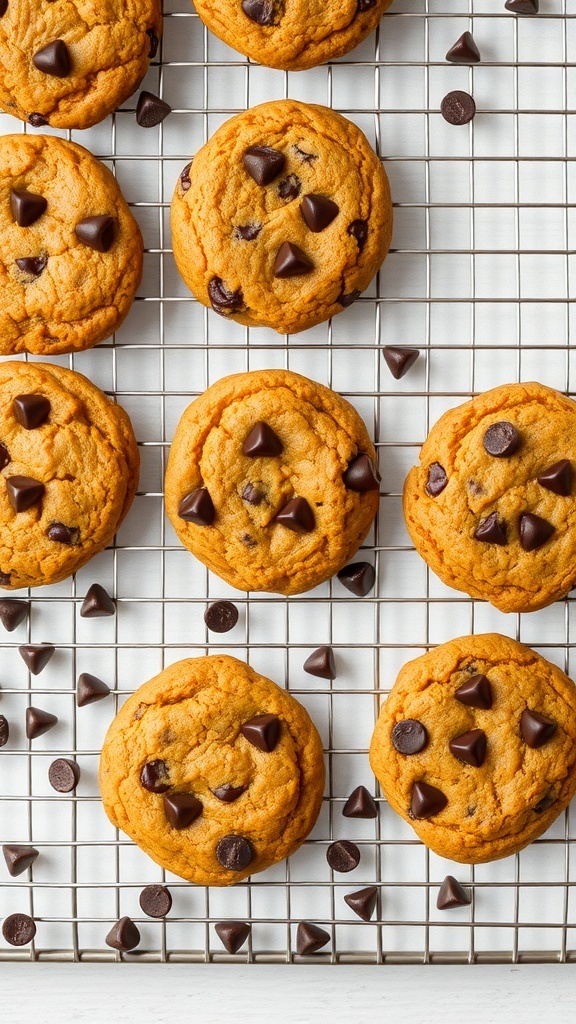 Freshly baked pumpkin chocolate chip cookies on a cooling rack