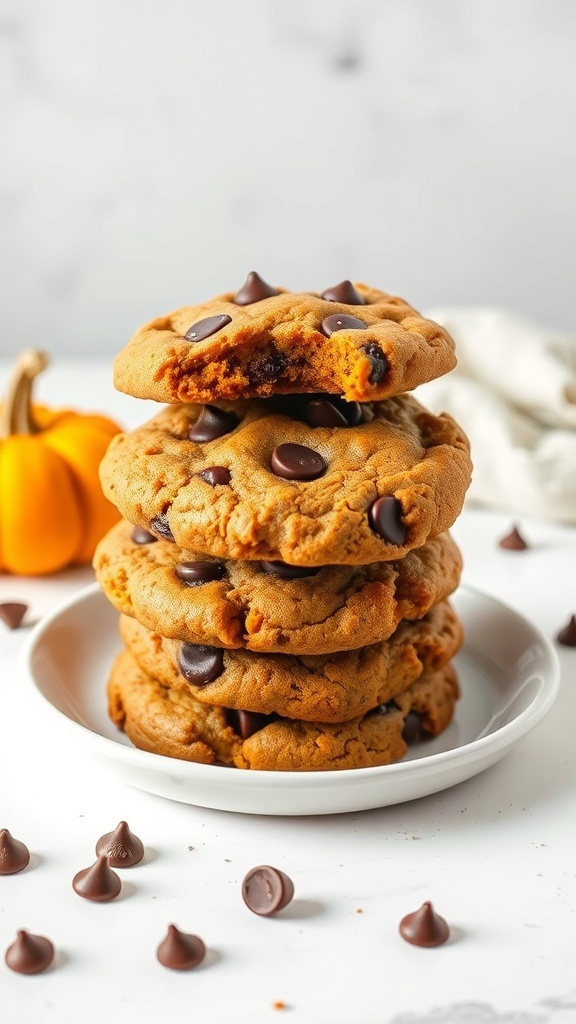 A stack of pumpkin chocolate chip cookies on a plate with chocolate chips scattered around and a small pumpkin in the background.