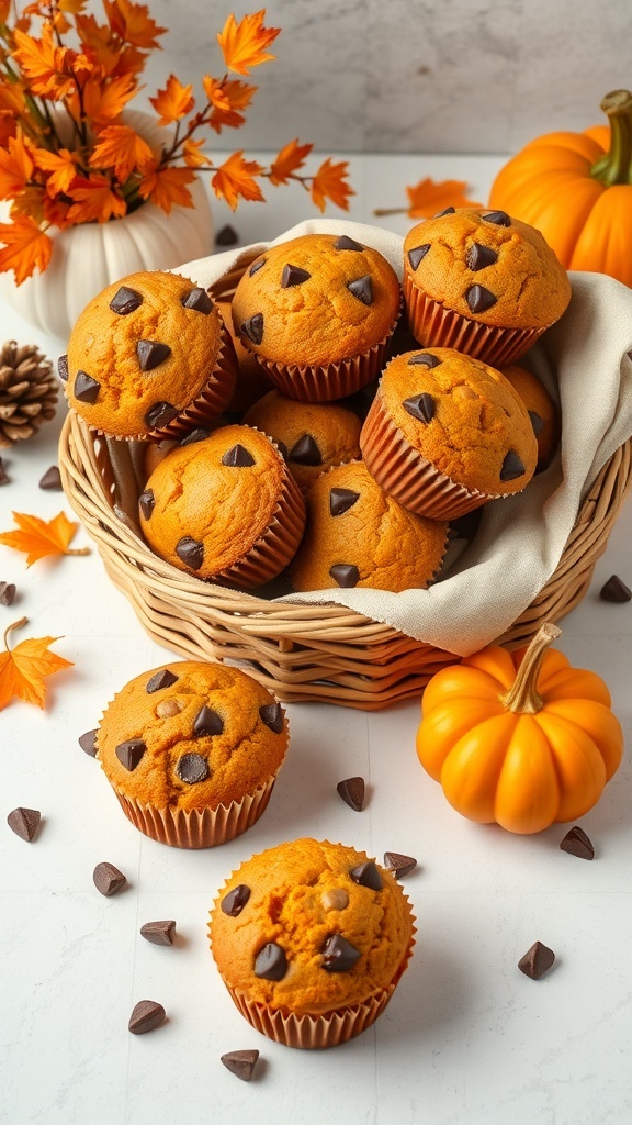 A basket filled with pumpkin chocolate chip muffins, surrounded by autumn leaves and small pumpkins.