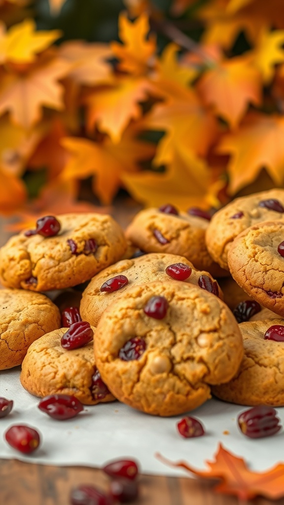 A close-up of pumpkin cookies with cranberries, surrounded by autumn leaves.