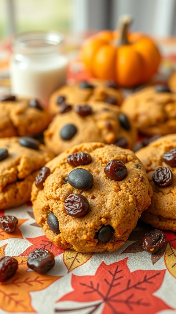 Pumpkin cookies with raisins and chocolate chips on a colorful autumn-themed tablecloth, with a small pumpkin and a glass of milk in the background.
