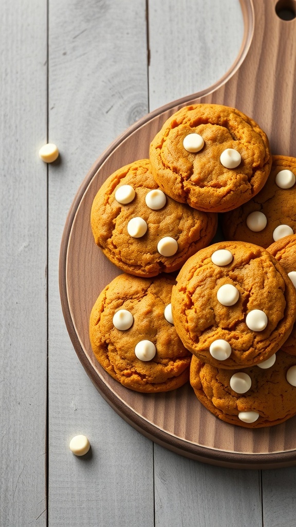 A wooden platter with pumpkin cookies topped with white chocolate chips.