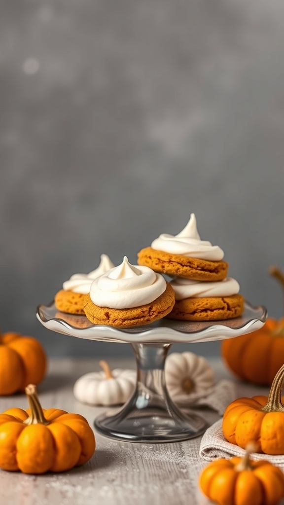 A plate of pumpkin cream cheese cookies topped with frosting, surrounded by small pumpkins.