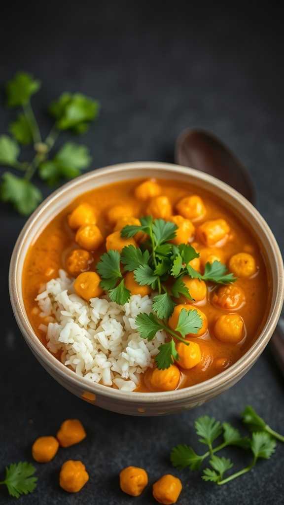 A bowl of pumpkin curry with chickpeas and rice, garnished with cilantro.