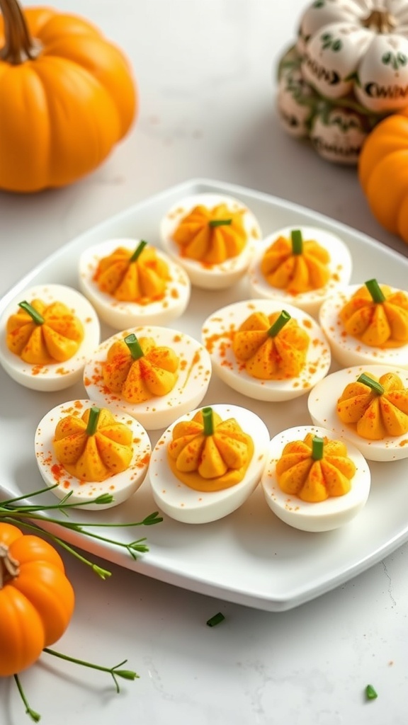 A plate of pumpkin-shaped deviled eggs decorated with chives and paprika, surrounded by small pumpkins.