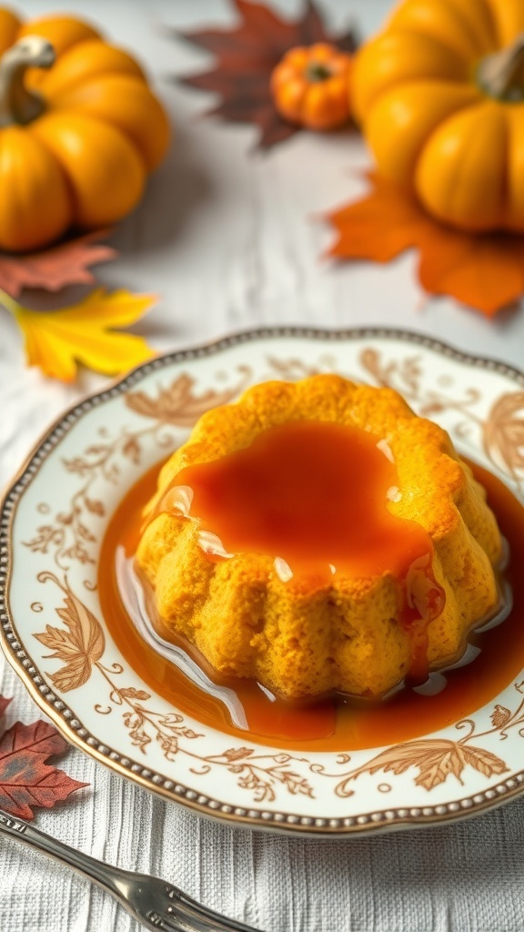 A beautiful pumpkin flan with caramel sauce on a decorative plate, surrounded by small pumpkins and autumn leaves.