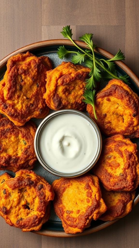 A plate of golden pumpkin fritters served with a creamy yogurt dip and garnished with fresh herbs.