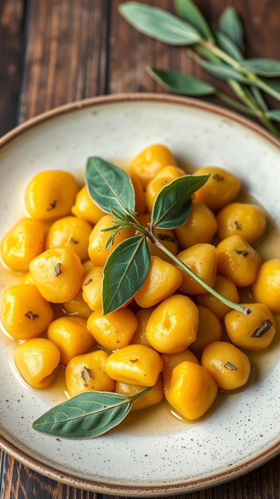 A plate of golden pumpkin gnocchi garnished with fresh sage leaves.