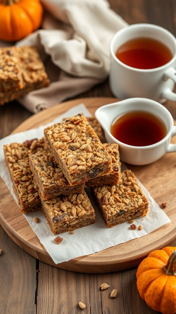 Delicious pumpkin granola bars stacked on a wooden board with a small pumpkin and cups of tea in the background.