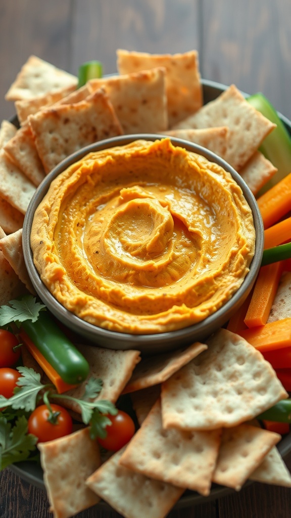 A bowl of pumpkin hummus surrounded by pita chips and fresh vegetables.