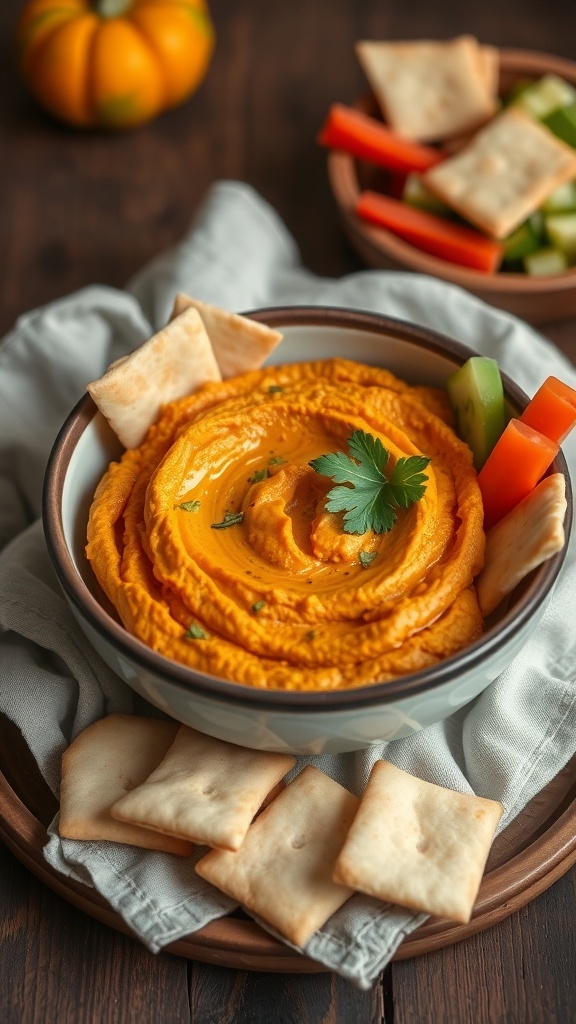A bowl of pumpkin hummus garnished with herbs, surrounded by pita chips and fresh veggies.