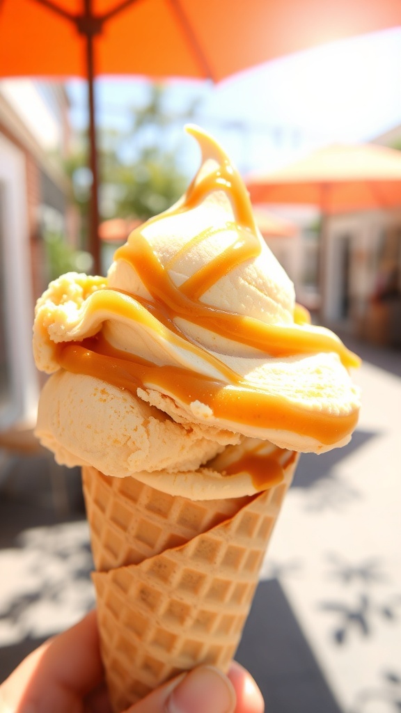 A cone of pumpkin ice cream topped with caramel swirl against a blue sky.