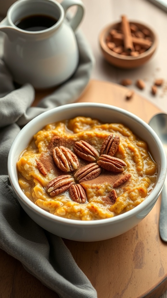 A bowl of pumpkin oatmeal topped with pecans and cinnamon, with a cup of coffee in the background.