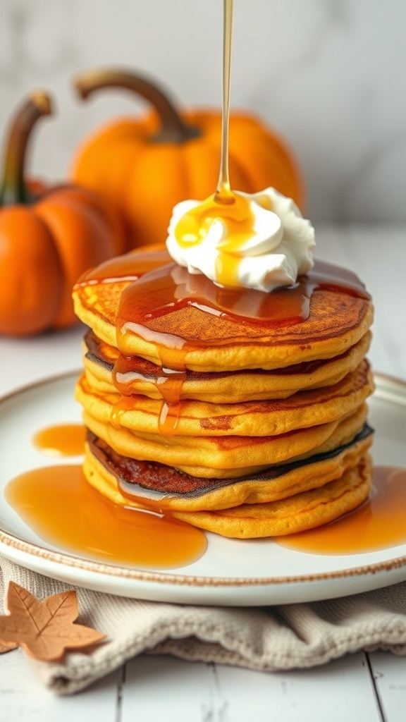 A stack of pumpkin pancakes topped with whipped cream and maple syrup, with pumpkins in the background.