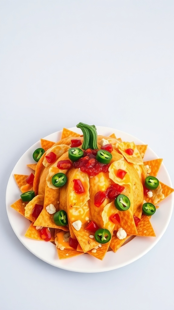 A plate of nachos arranged to look like a pumpkin, topped with cheese, salsa, jalapeños, and a green bell pepper stem.